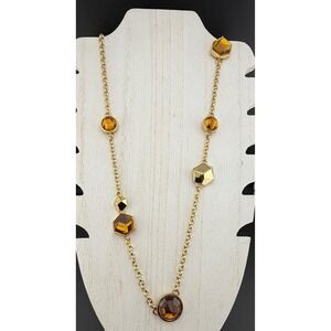 Etienne Aigner Station Necklace 35in Gold Tone Amber Colored‎ Geometric READ